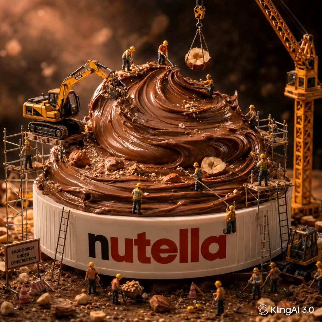A surreal macro scene featuring miniature workers sculpting a giant swirl...