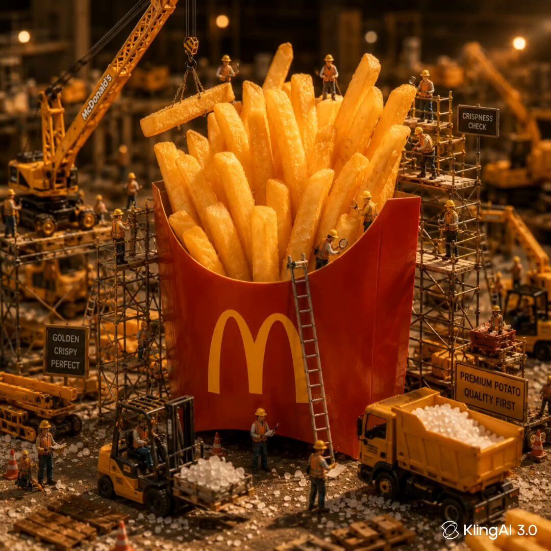 A surreal macro scene where miniature workers build giant McDonald's Fren...