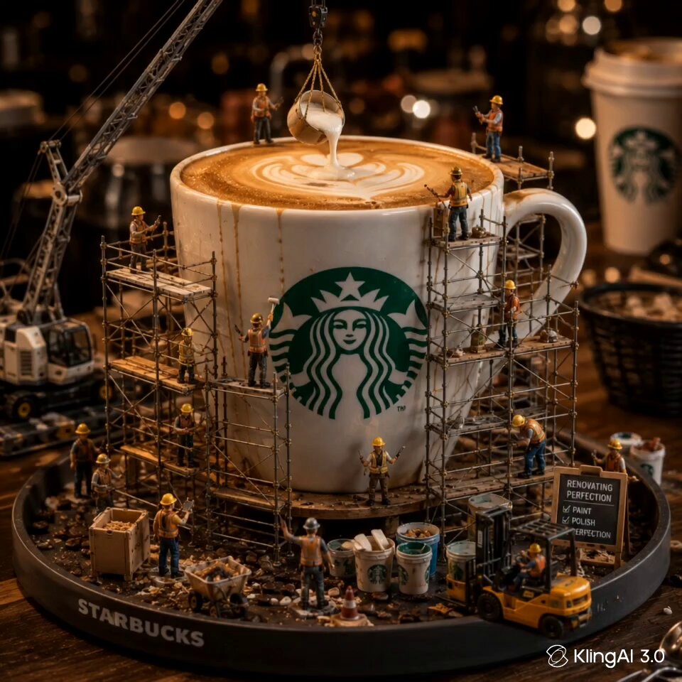 A hyper-realistic scene featuring miniature construction workers renovati...