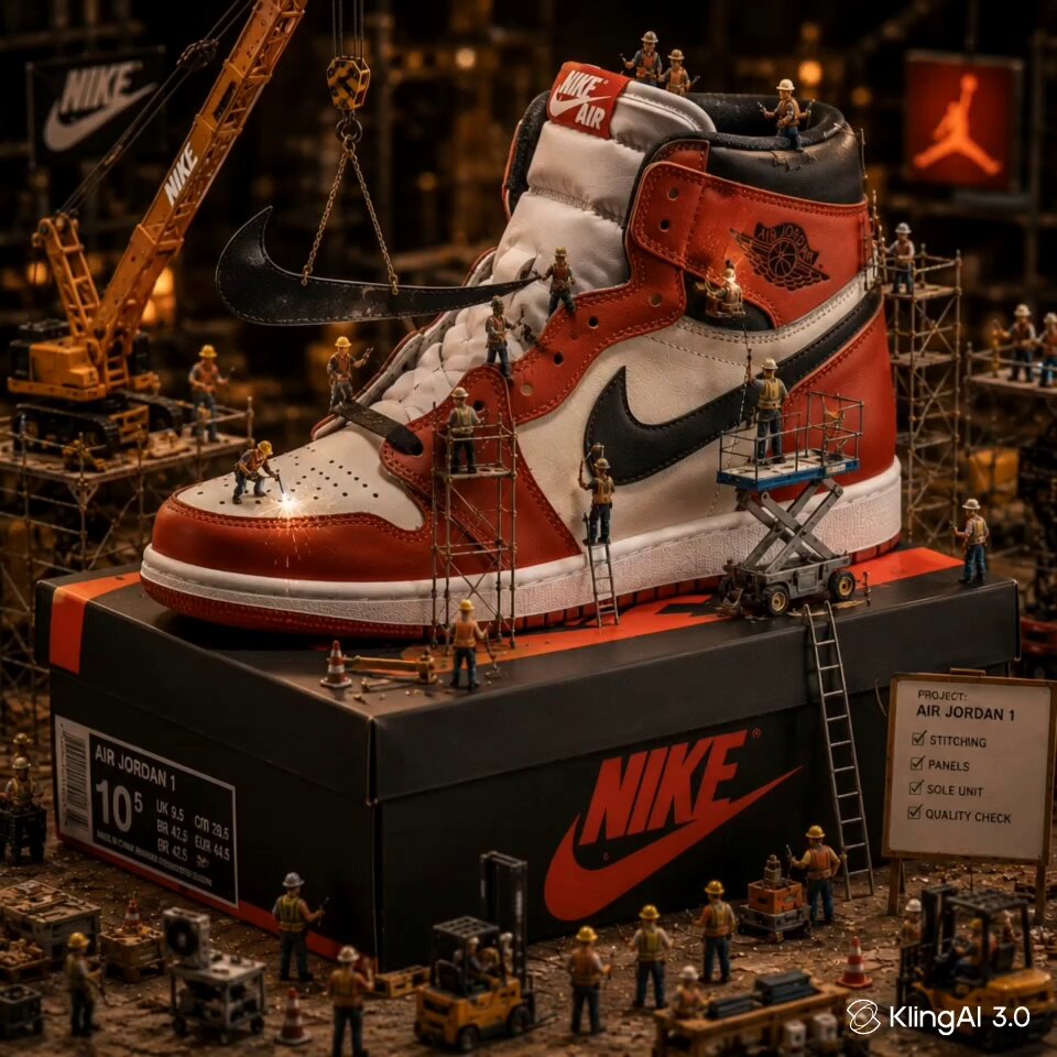 A surreal macro scene featuring miniature construction workers assembling...