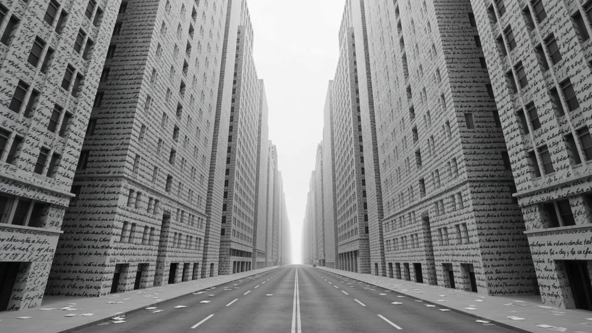 A vast monochrome city under a blank white sky. Every building facade is...