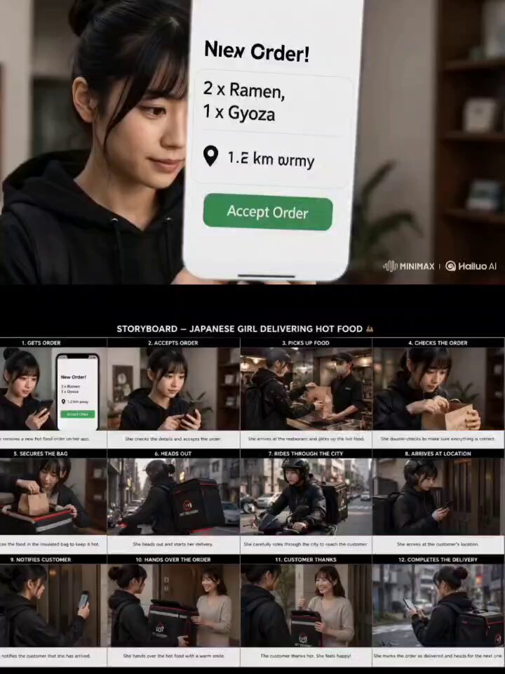 A young Japanese food delivery rider receives a hot food order on her sma...