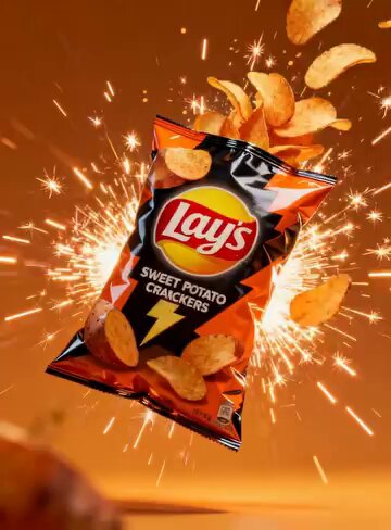 3D render of a stylized Lays Sweet Potato Crackers bag, glossy orange and...