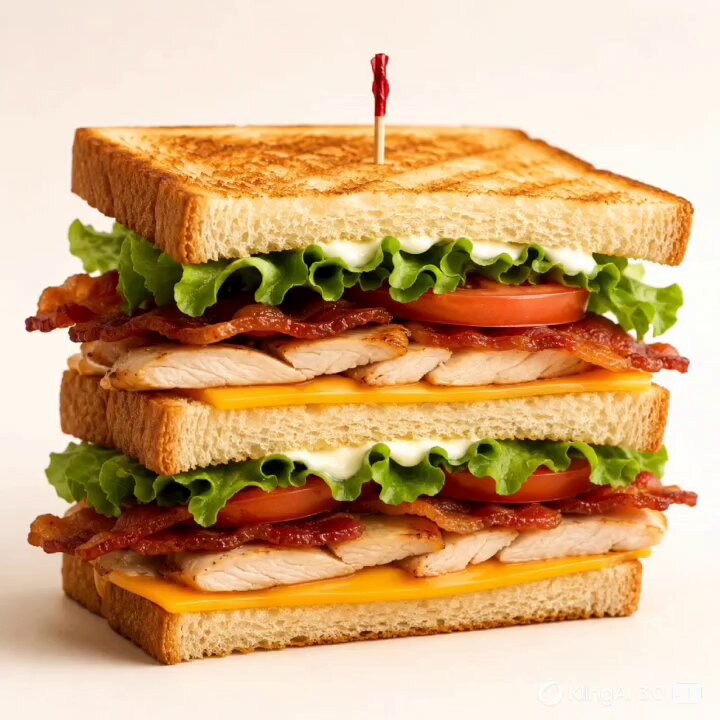 - A premium café product photograph of a gourmet club sandwich centered a...