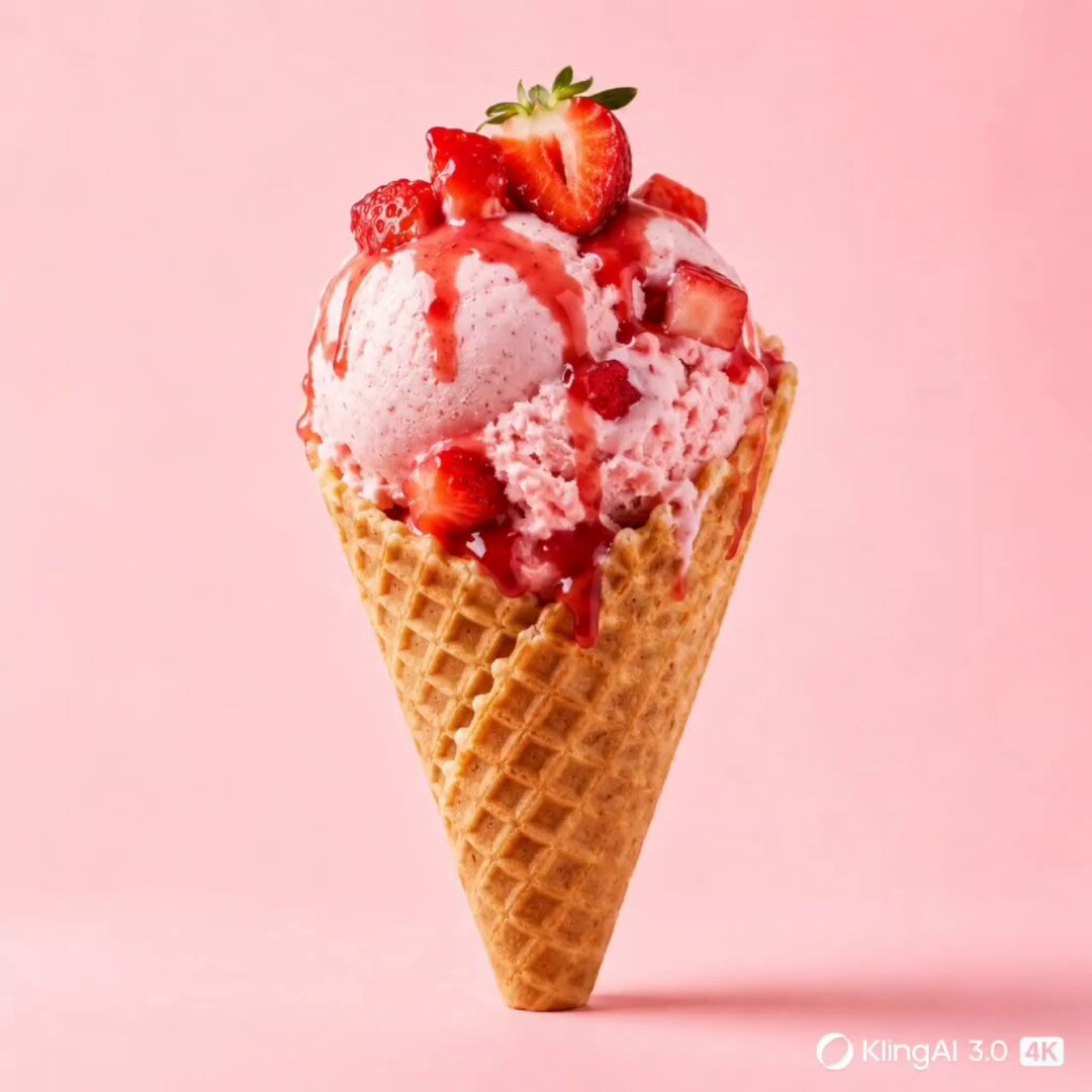 A premium dessert product photograph of a strawberry ice cream cone cente...