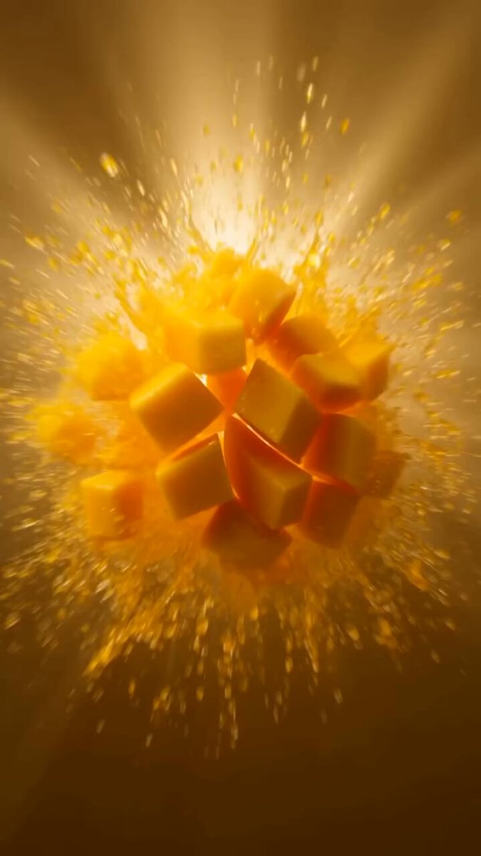 A high-end, cinematic beverage commercial for mango juice. It begins with...