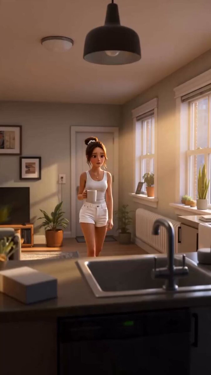 A beautifully rendered 3D animated scene in a cozy, sun-drenched apartmen...