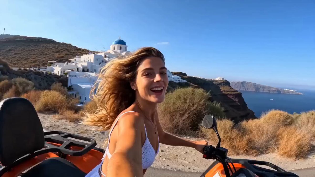 Young female travel vlogger exploring Santorini, Greece, beautiful with l...