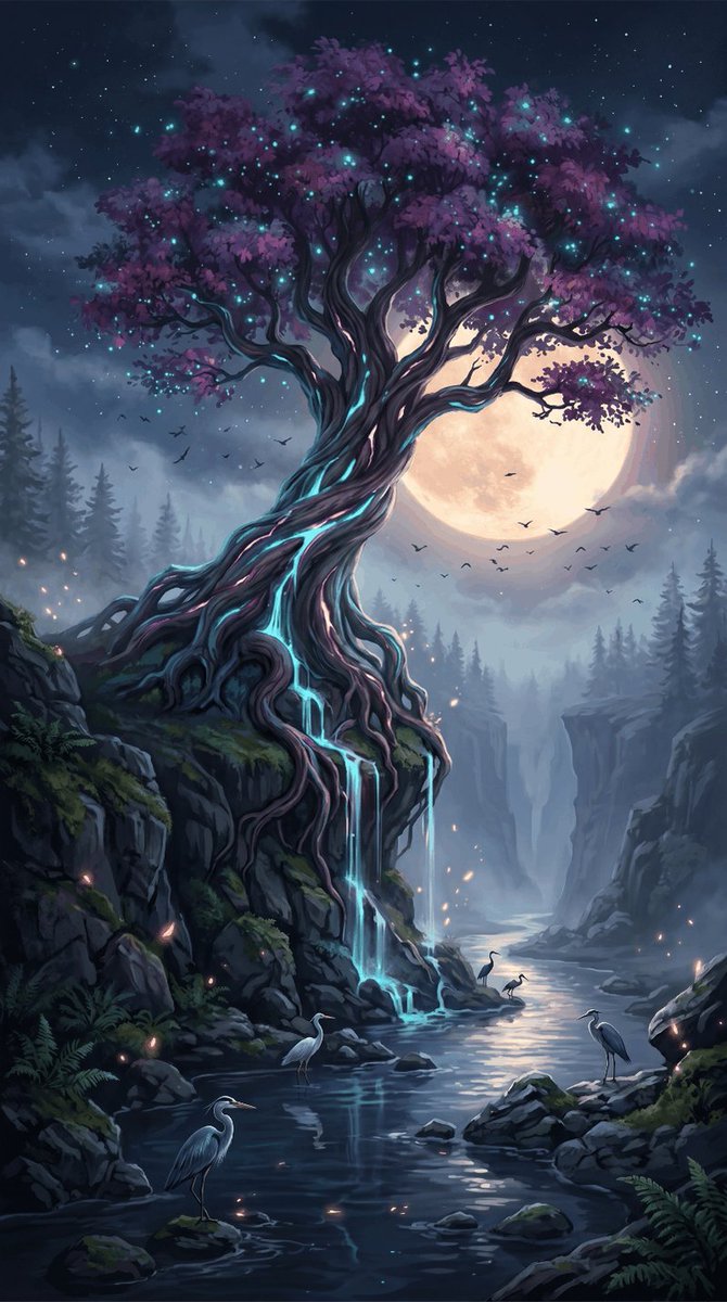 The neon glow of the branches and the soft light of the moon intertwine i...