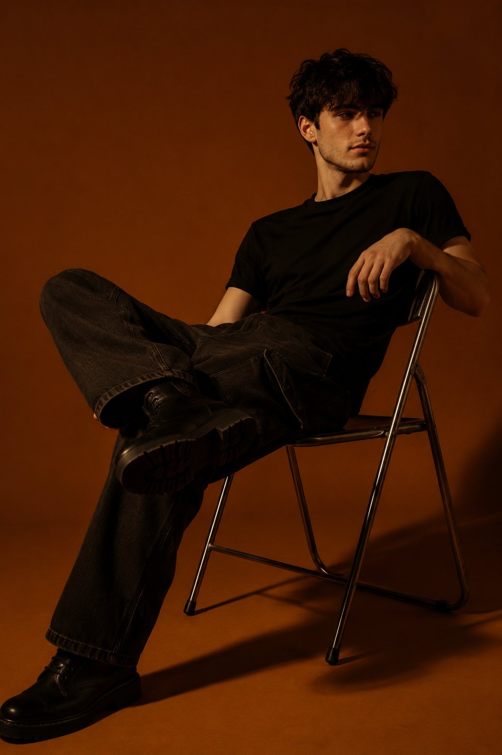 Moody Studio Portrait of a Young Man on a Metal Chair - Image prompt preview