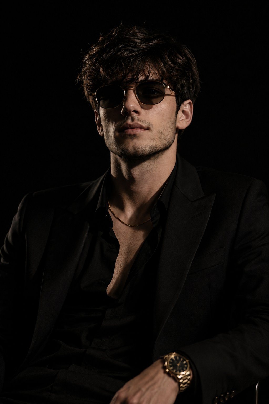All-Black Editorial Portrait with Gold Accents - Image prompt preview