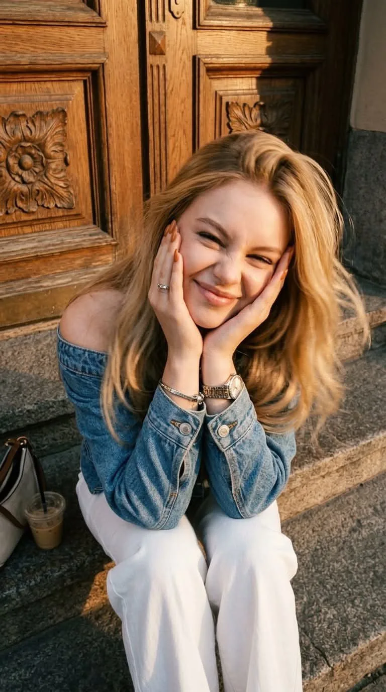 Candid Golden-Hour Portrait on Stone Steps - Image prompt preview
