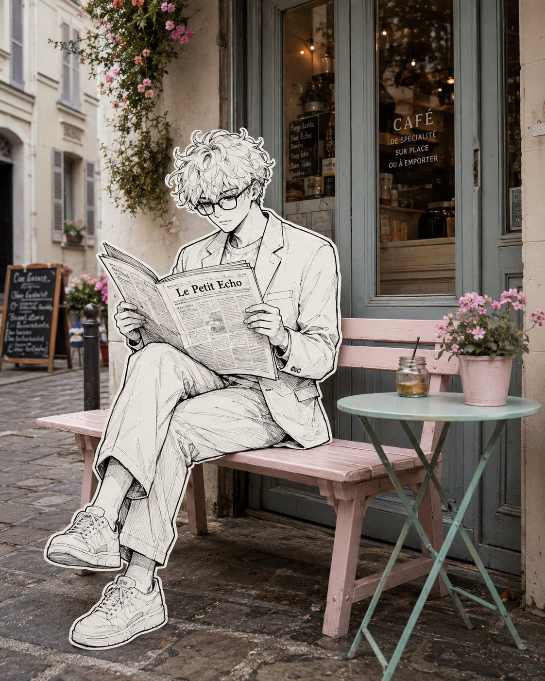 Parisian Café With Illustrated Woman on Bench - Image prompt preview