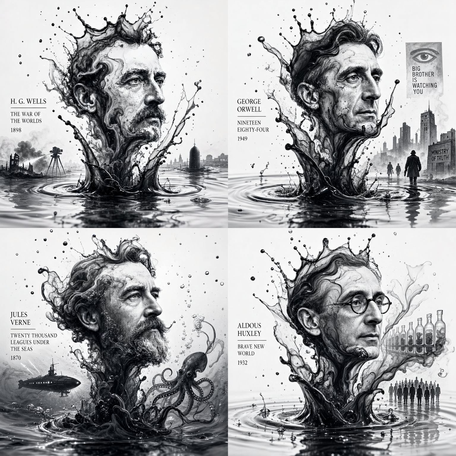 Extreme macro ink-in-water portrait of an author formed by a falling drop - Image prompt preview
