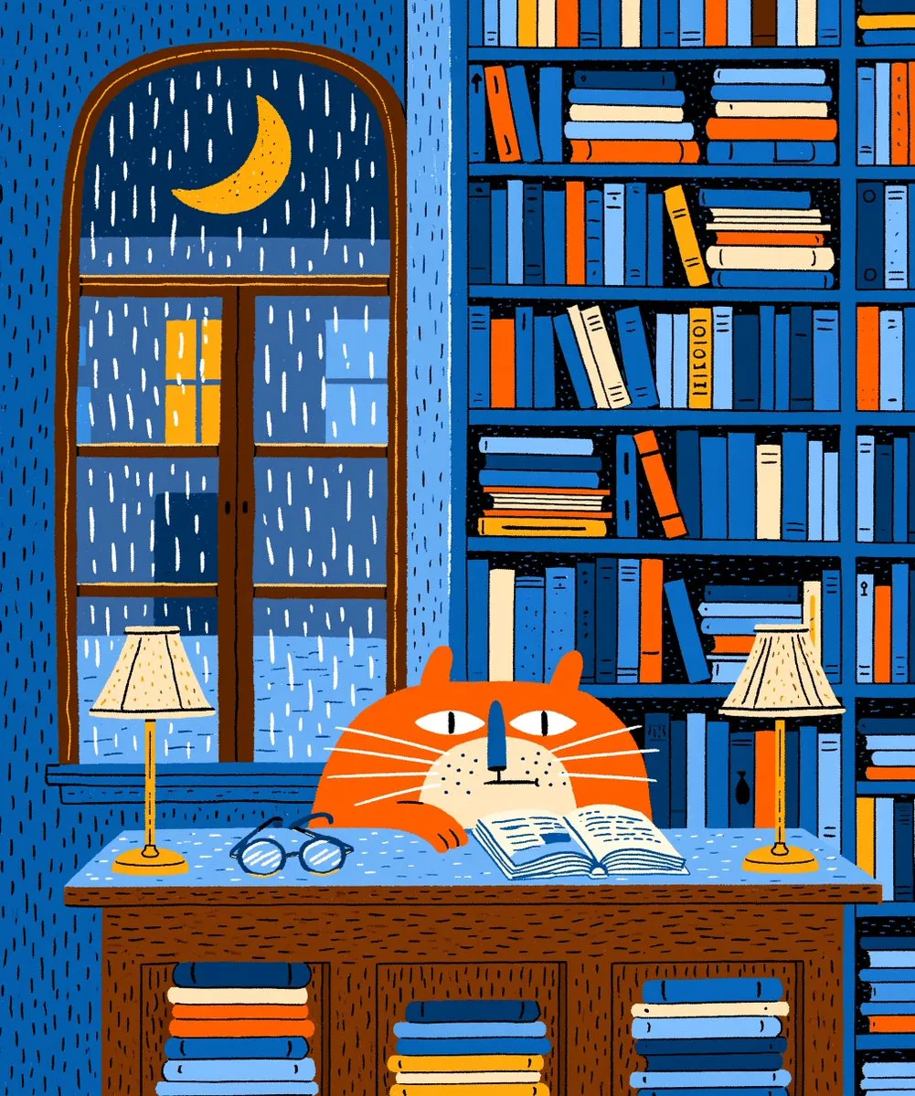 Cozy Bookstore Cat Illustration - Image prompt preview