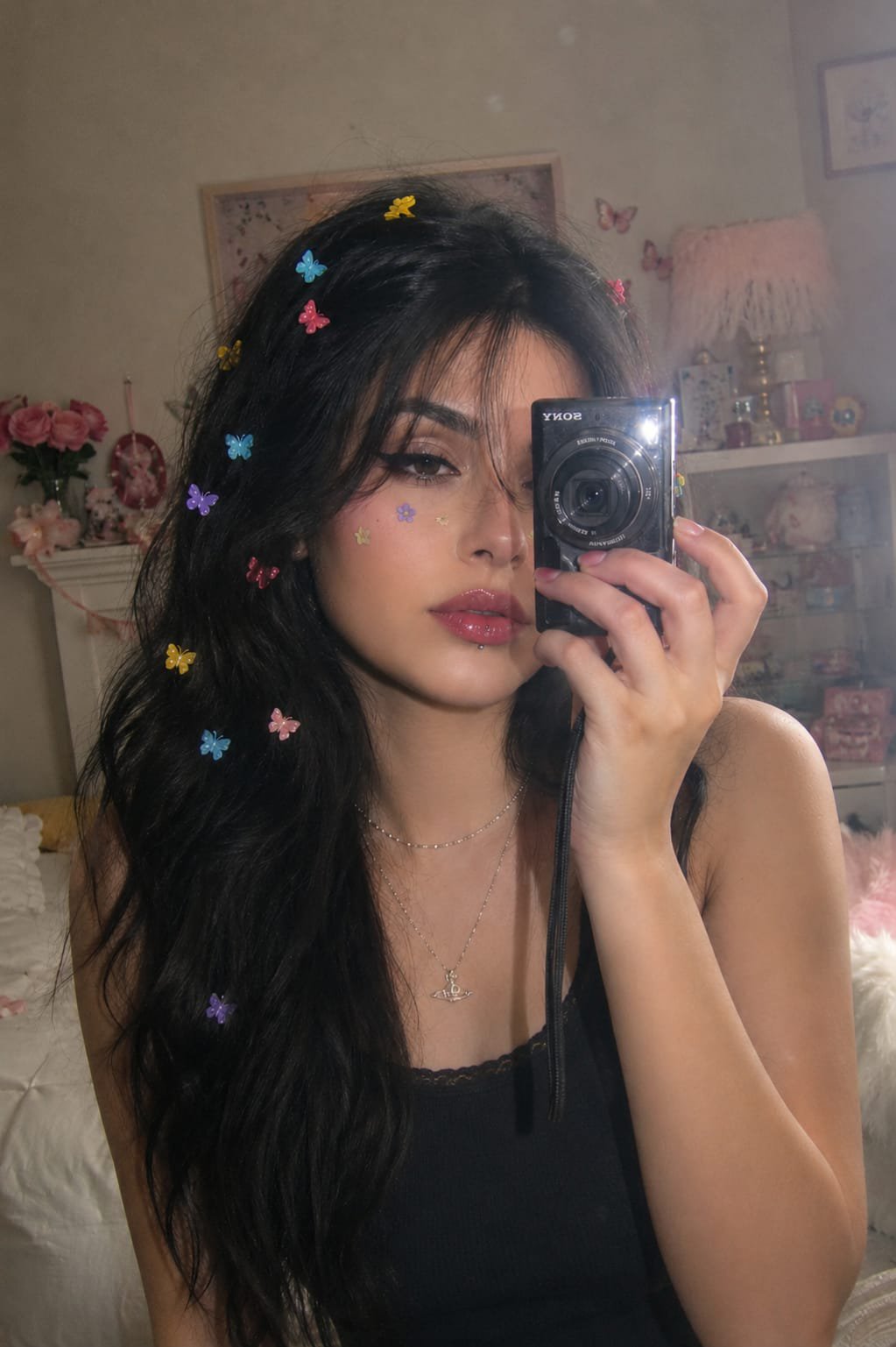 Vintage Y2K mirror selfie with butterfly clips - Image prompt preview