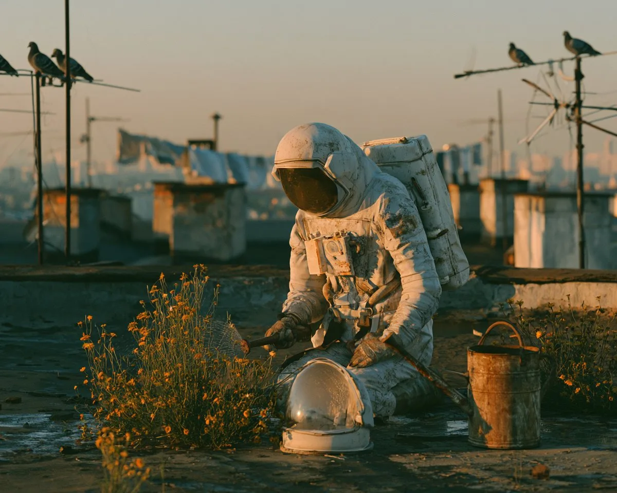 Weary Astronaut Tending Rooftop Wildflowers at Dawn - Image prompt preview