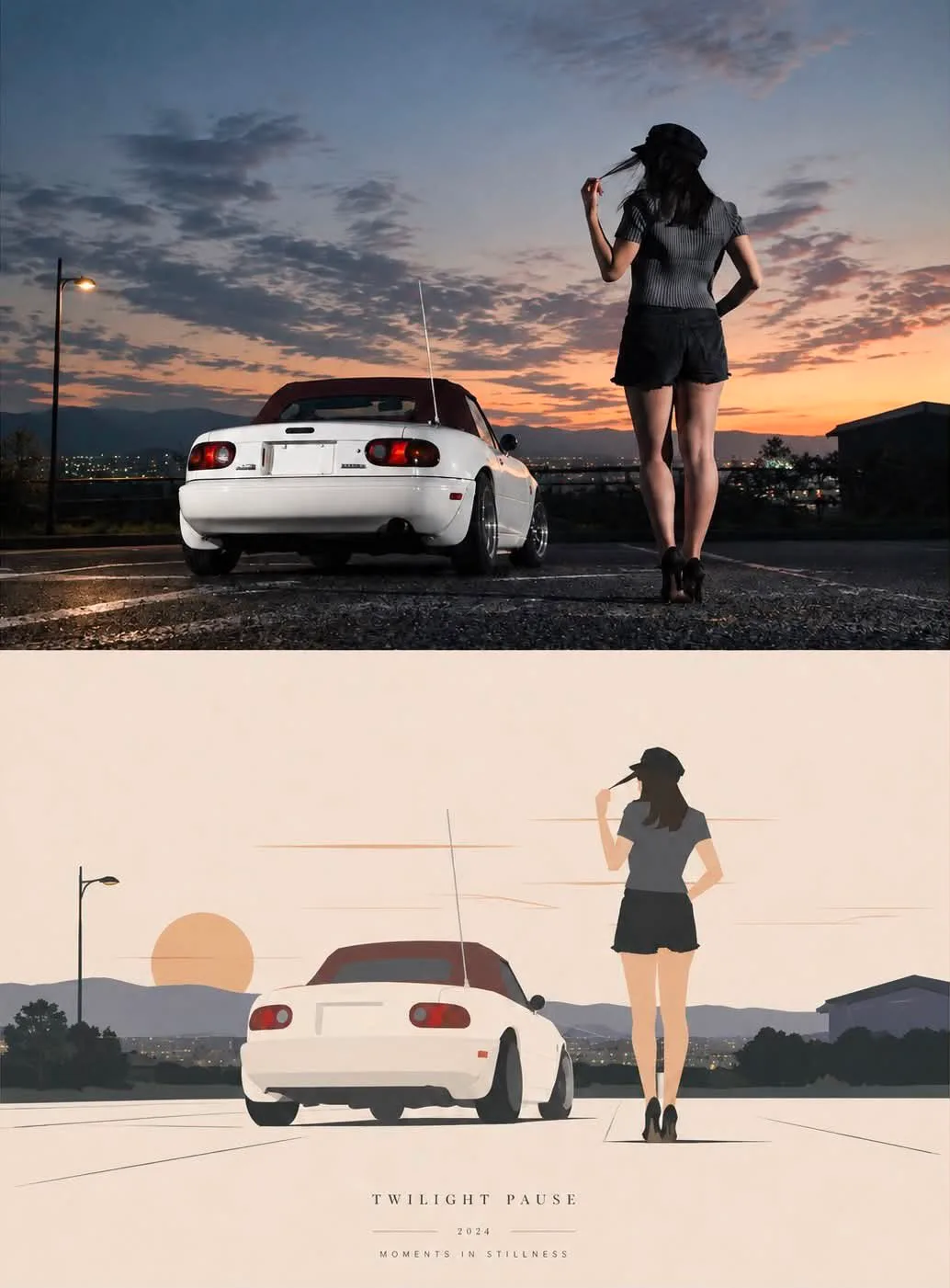 Twilight Pause: Cinematic Photo and Anime Illustration Split Poster - Image prompt preview