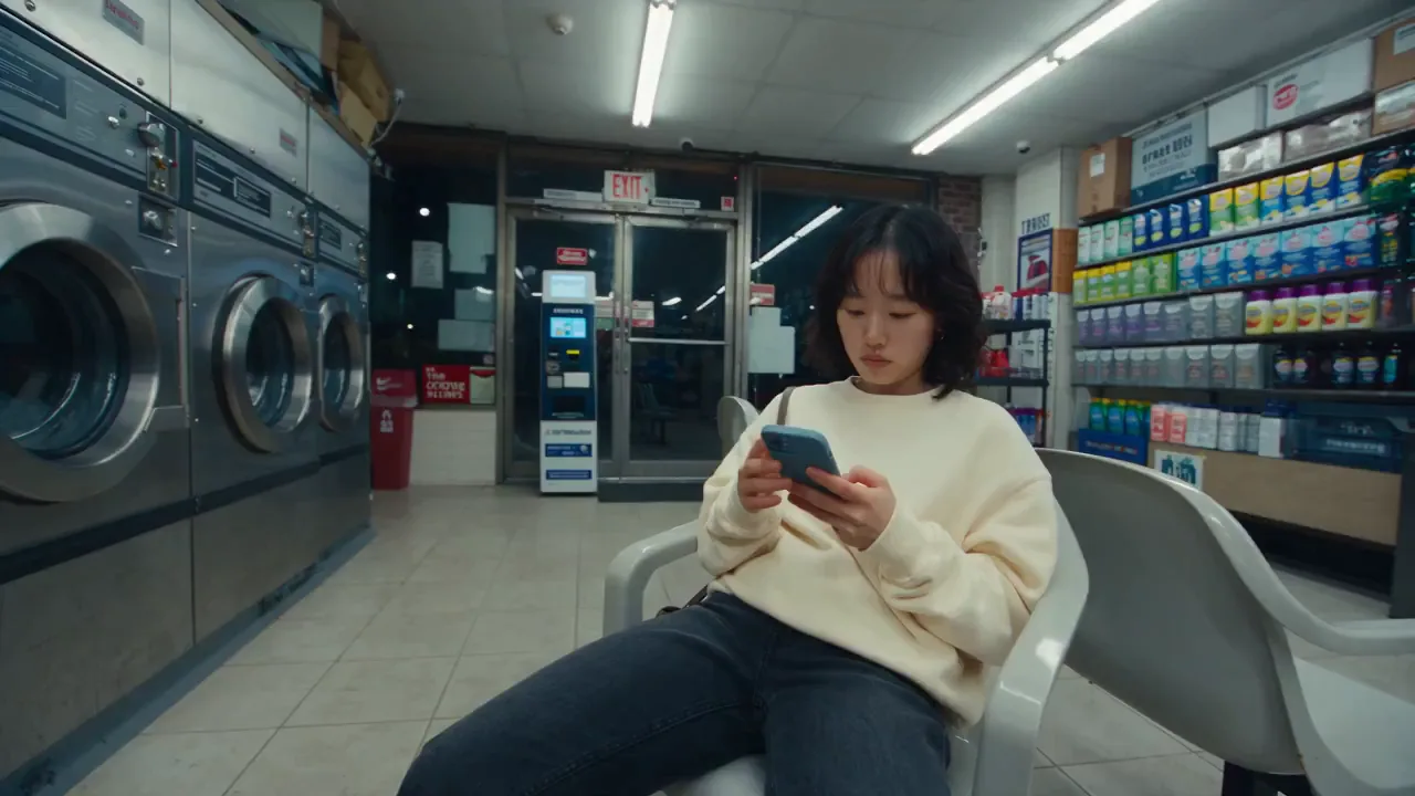 Late-Night Laundromat Smartphone Vlog - Video prompt preview