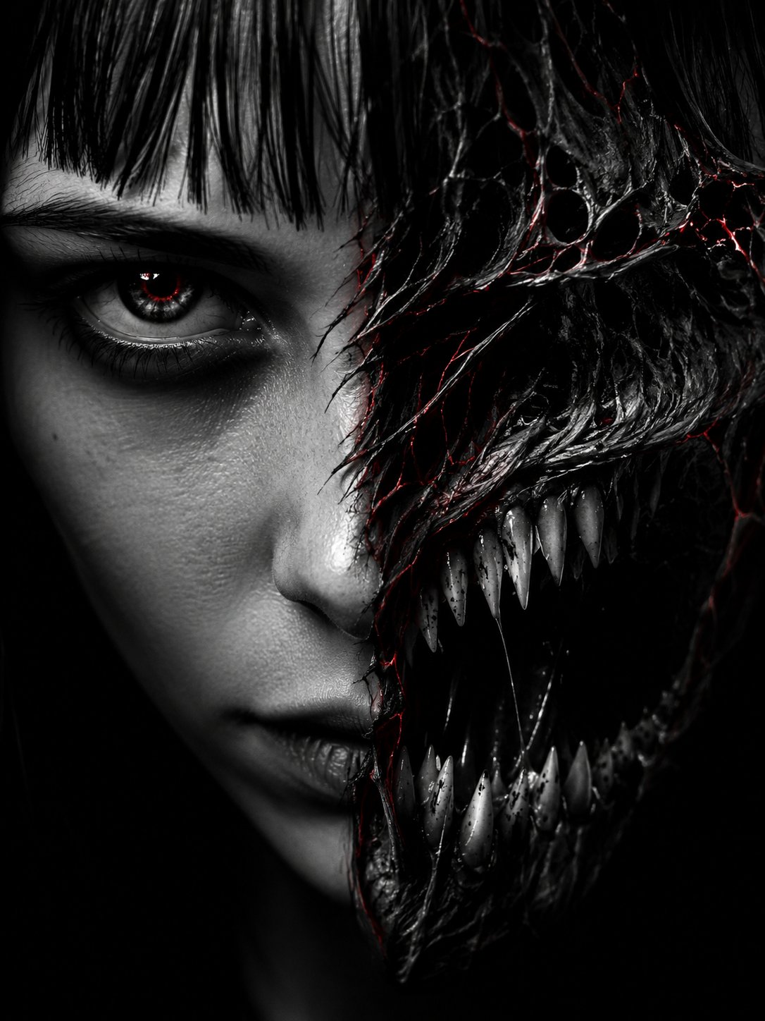 Extreme close-up split horror portrait with demon transformation - Image prompt preview