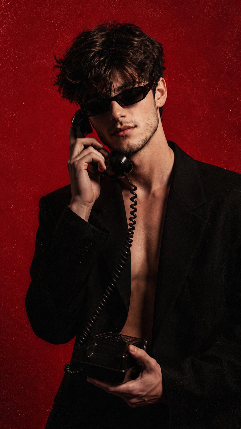 Retro Fashion Portrait with Telephone Receiver on Red Grainy Background - Image prompt preview