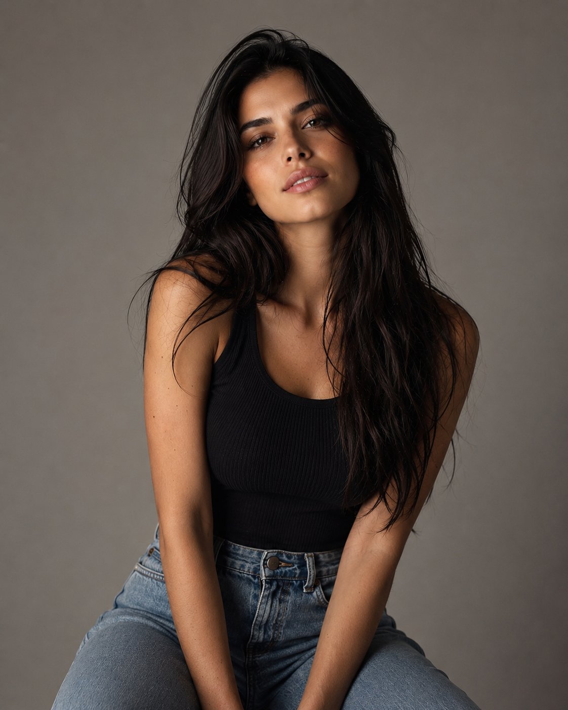Minimalist studio portrait of a stylish Portuguese woman in casual luxury fashion - Image prompt preview