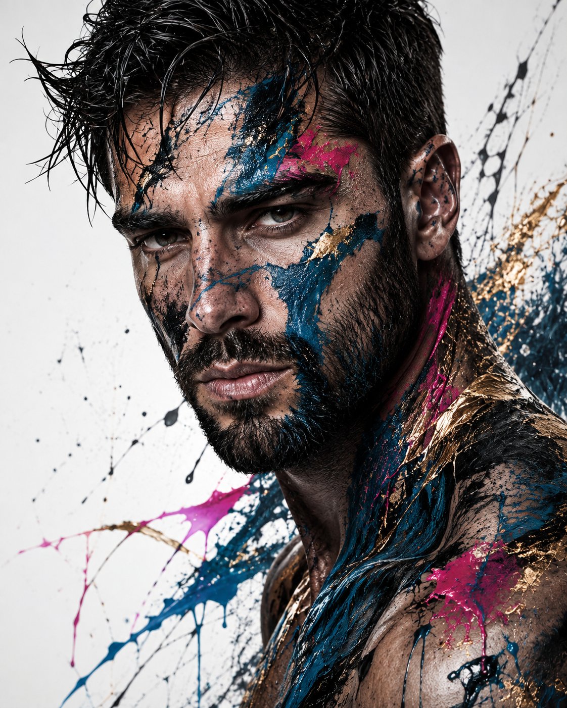Monochrome Editorial Portrait with Abstract Paint Splashes - Image prompt preview