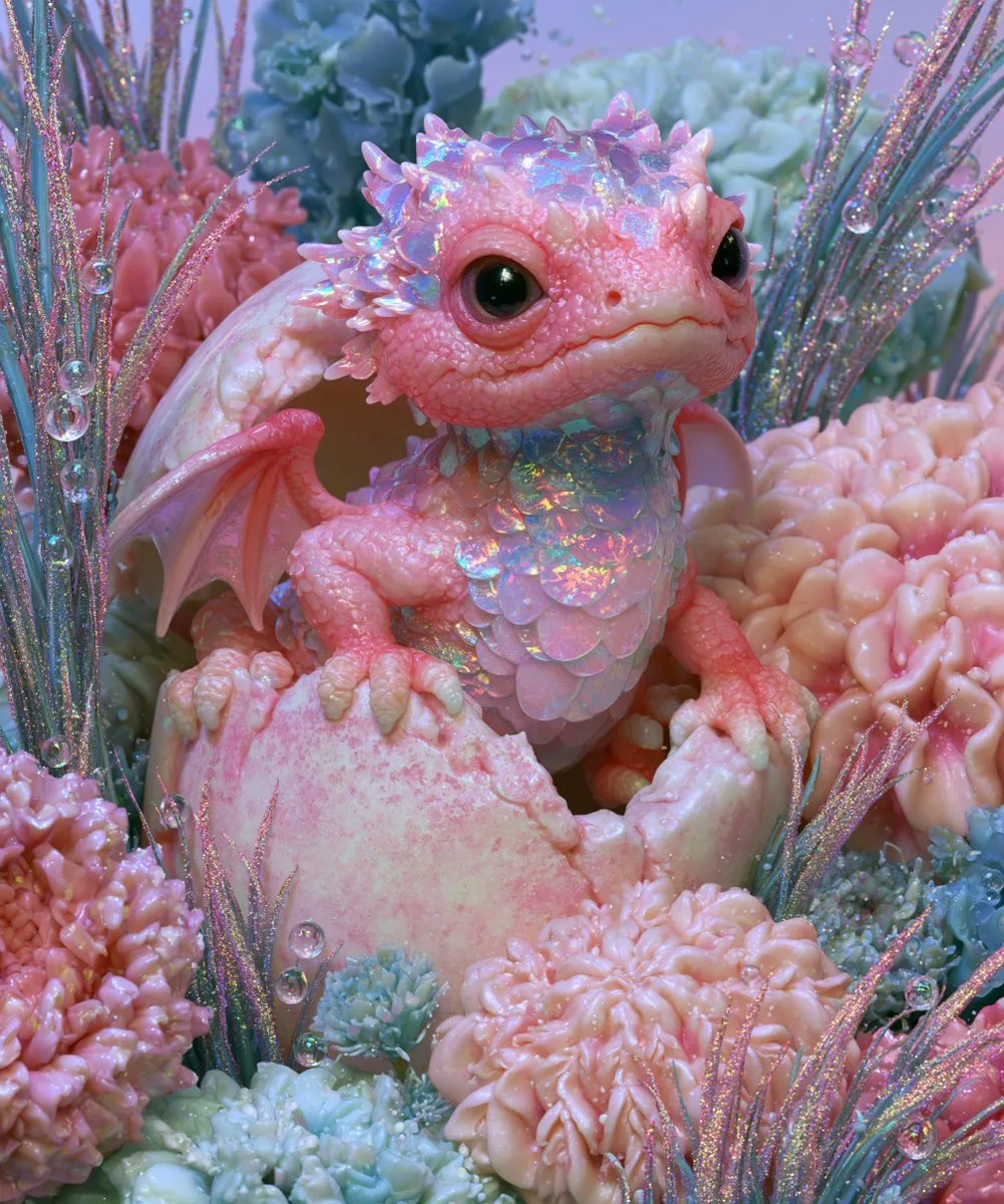 Pink Holographic Dragon Hatching in a Fantastical Realm - Image prompt preview