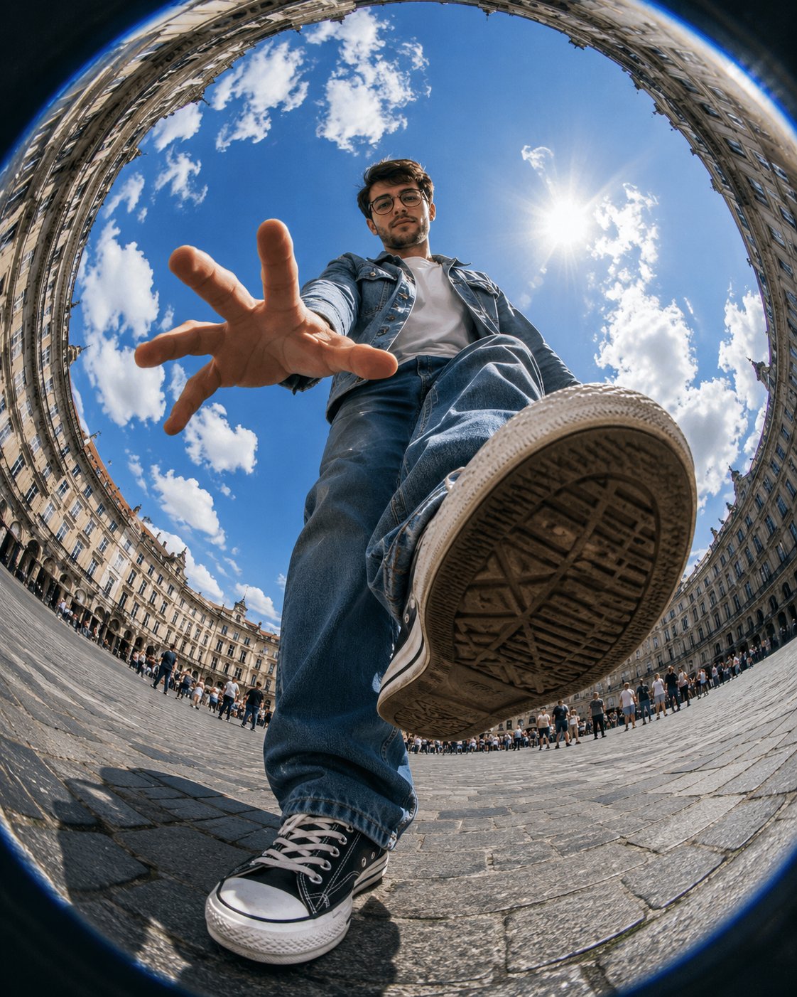 Surreal Low-Angle Fisheye Walkover in a European Square - Image prompt preview