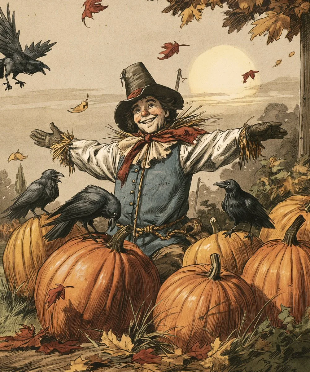 Smiling Scarecrow in an Autumn Pumpkin Patch - Image prompt preview