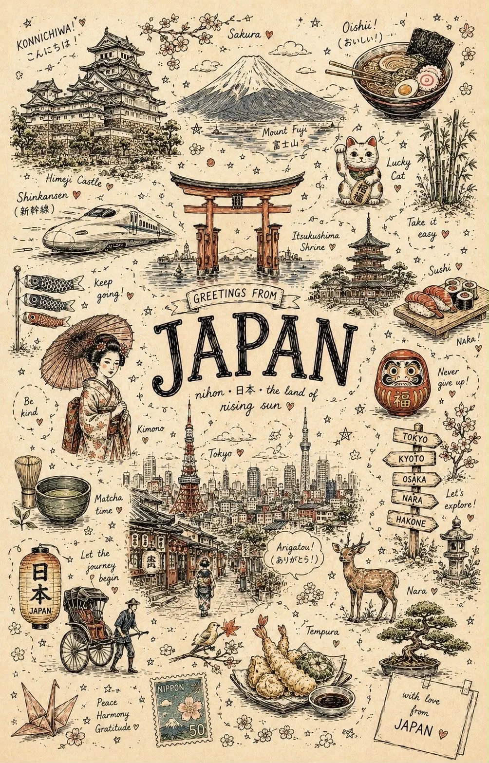 Whimsical Country Doodle Travel Poster - Image prompt preview