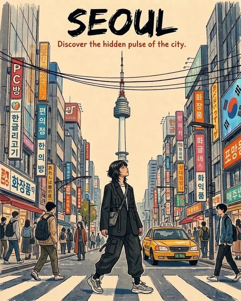 Seoul × Tokyo Retro Travel Poster - Image prompt preview