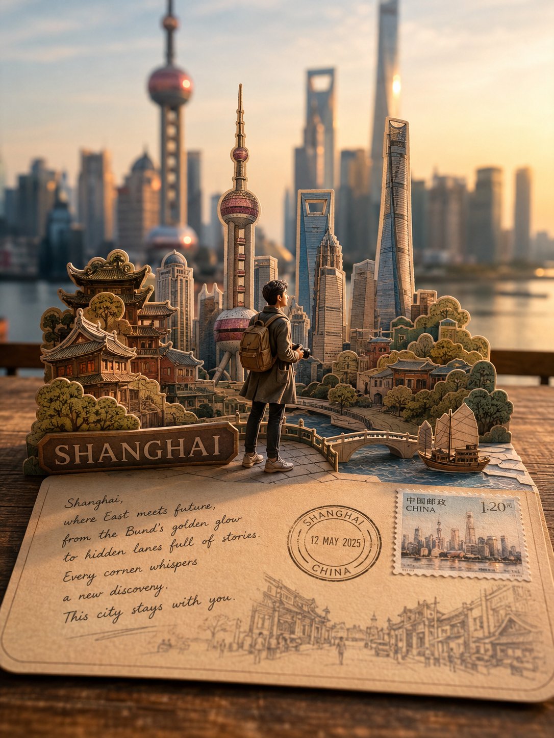 Photorealistic Paper-Cut Travel Postcard Diorama - Image prompt preview