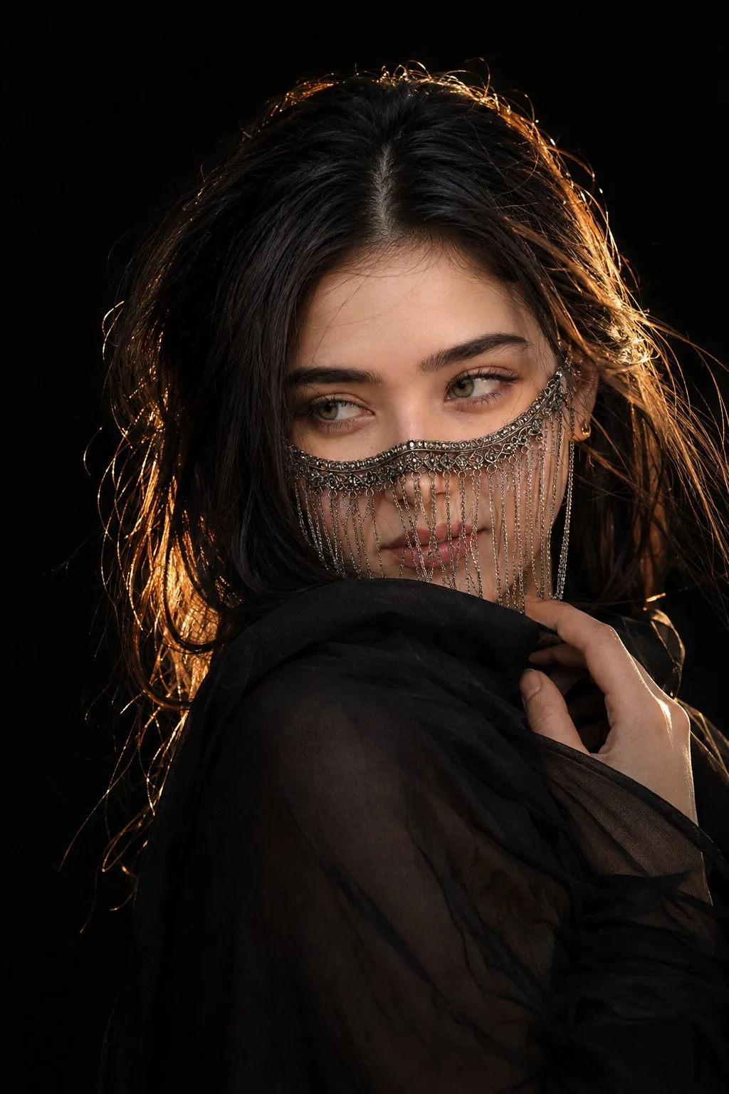 Cinematic Black-Veiled Beauty Close-Up - Image prompt preview