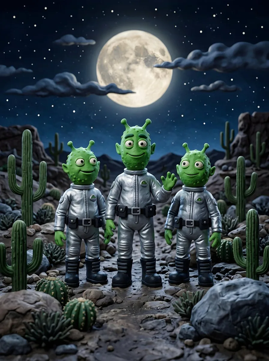 Claymation Green Aliens Under the Moonlit Desert - Image prompt preview