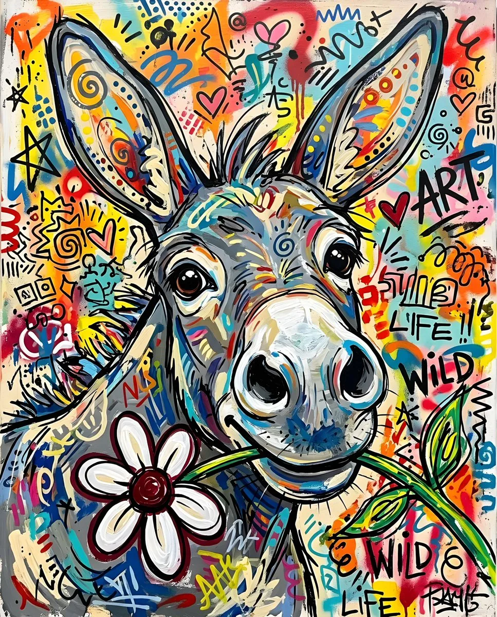 Stylized Donkey Portrait Holding a White Flower - Image prompt preview