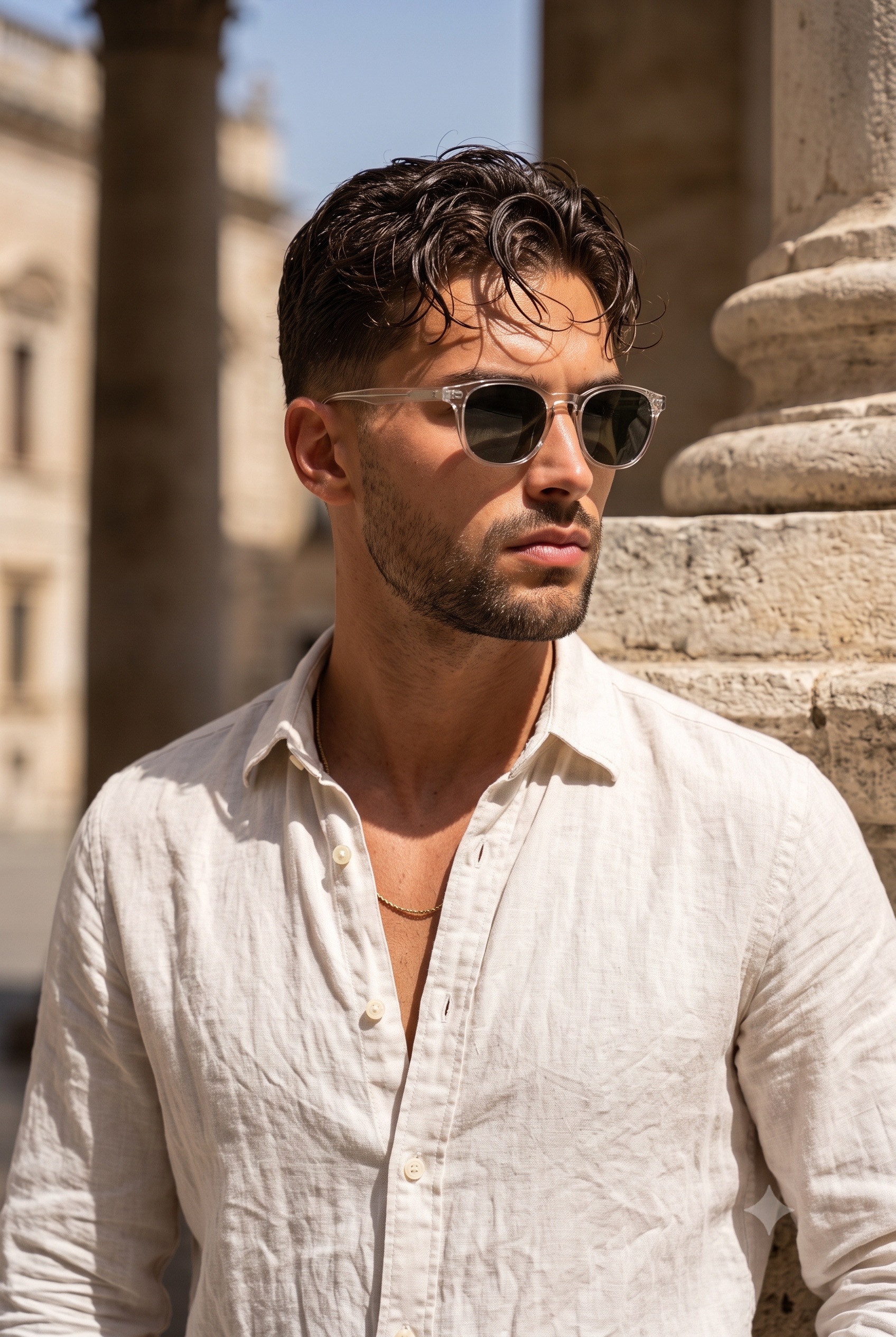 Mediterranean Portrait with Linen Shirt and Limestone Backdrop - Image prompt preview