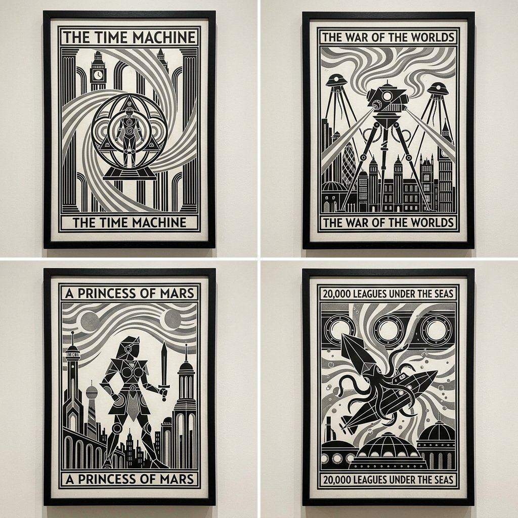 Retro-Futurist Sci-Fi Book Cover Grid - Image prompt preview