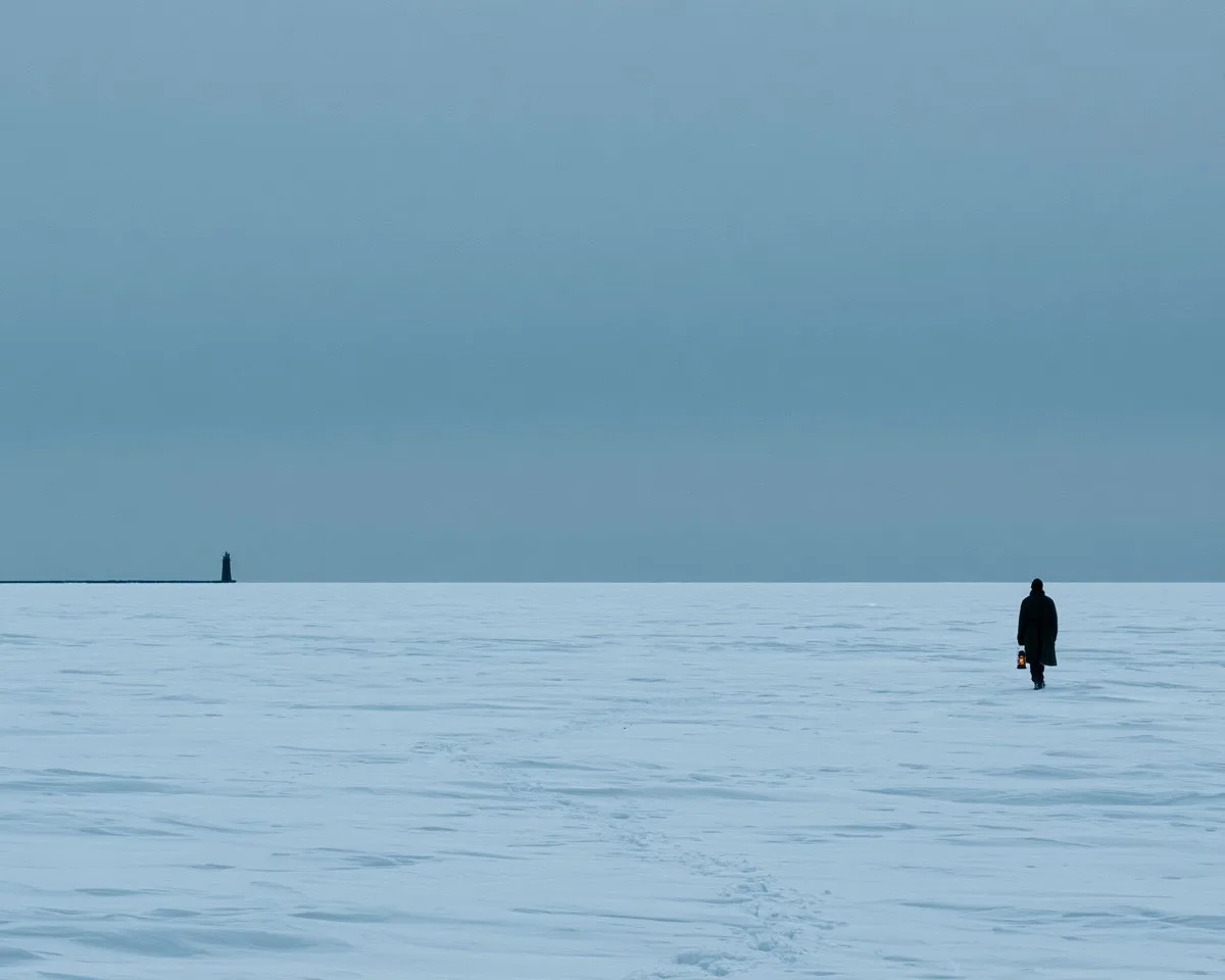 Lone Lighthouse Keeper on a Frozen Lake - Image prompt preview