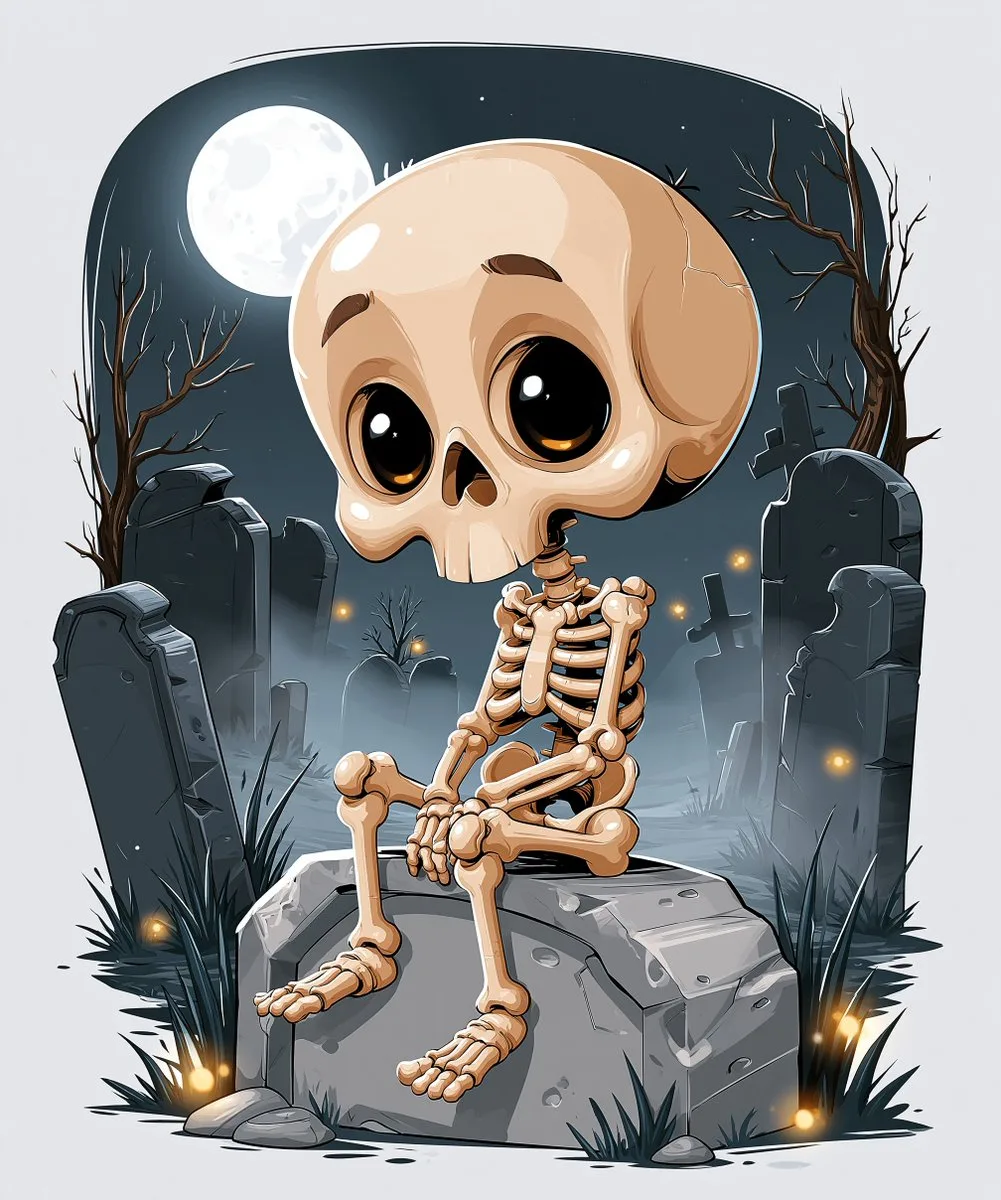 Cute Tiny Skeleton on a Moonlit Gravestone - Image prompt preview