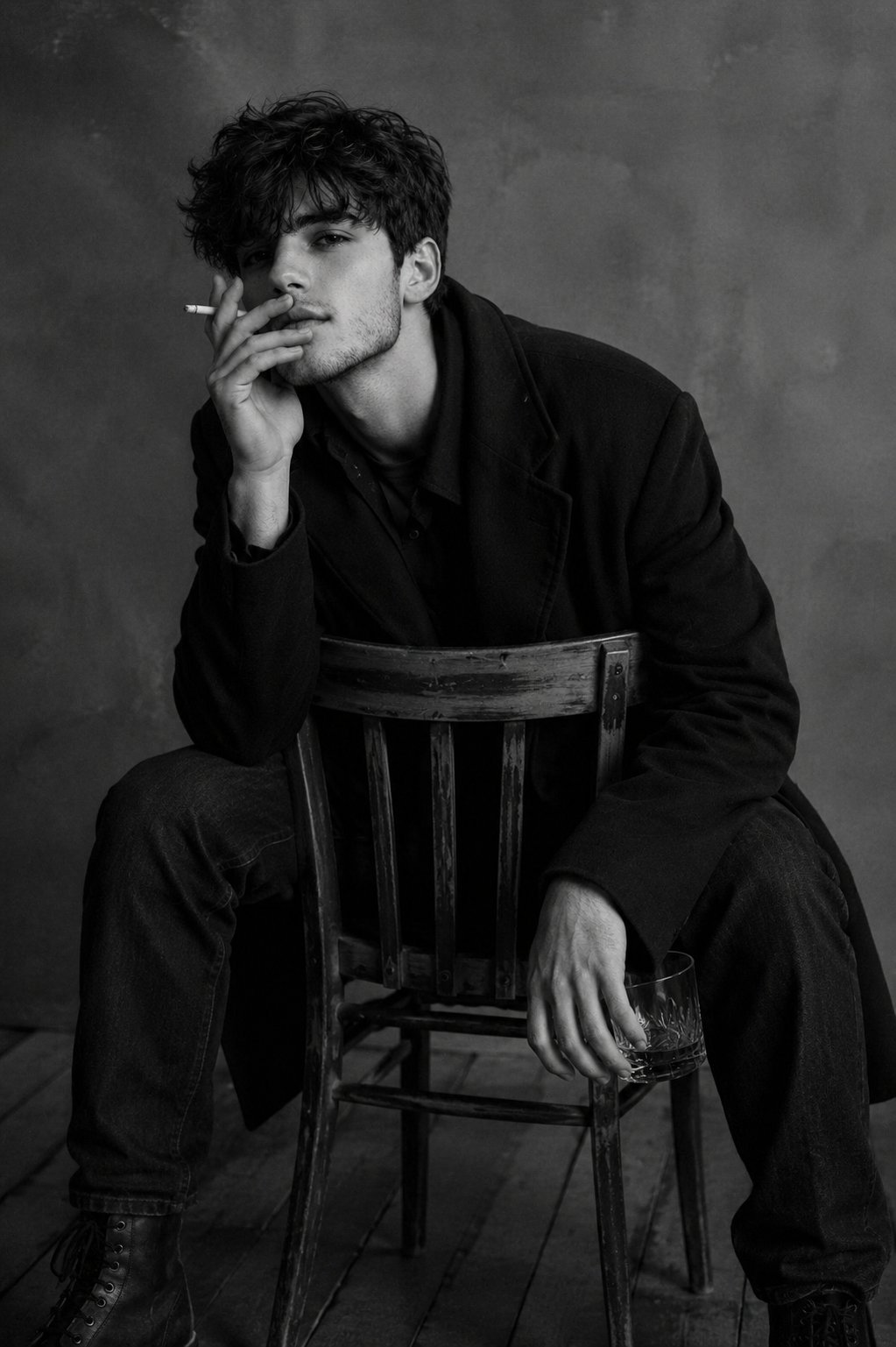 Monochrome Editorial Portrait of a Man with Cigarette and Glass - Image prompt preview
