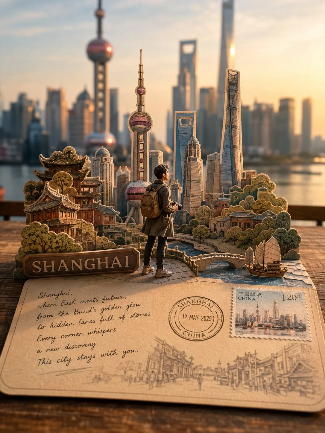 Photorealistic Paper-Cut Travel Postcard Diorama - Image prompt preview