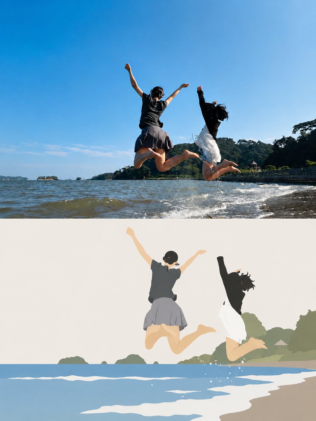 Stylized Japanese-Inspired Cut-Paper Beach Travel Illustration - Image prompt preview