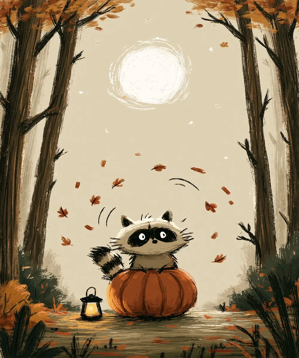 Whimsical Raccoon on an Overturned Pumpkin - Image prompt preview