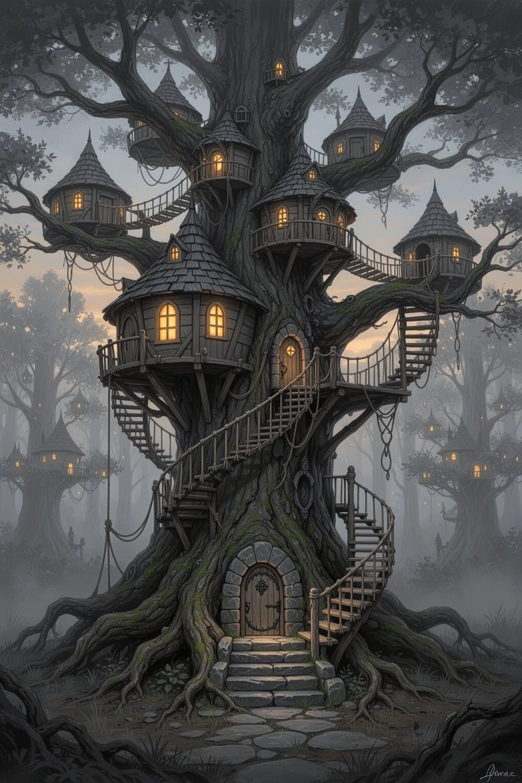 Dusk Treehouse Village in an Ancient Oak - Image prompt preview