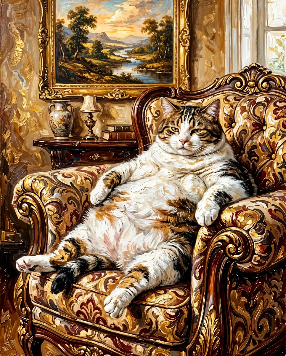 Classical painting of a fat tabby cat lounging on an ornate armchair - Image prompt preview