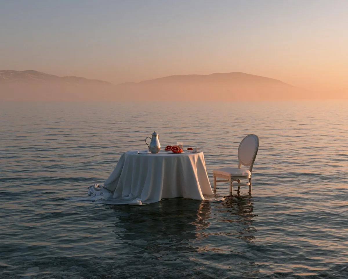 Surreal Sunrise Breakfast Table on Shallow Ocean - Image prompt preview