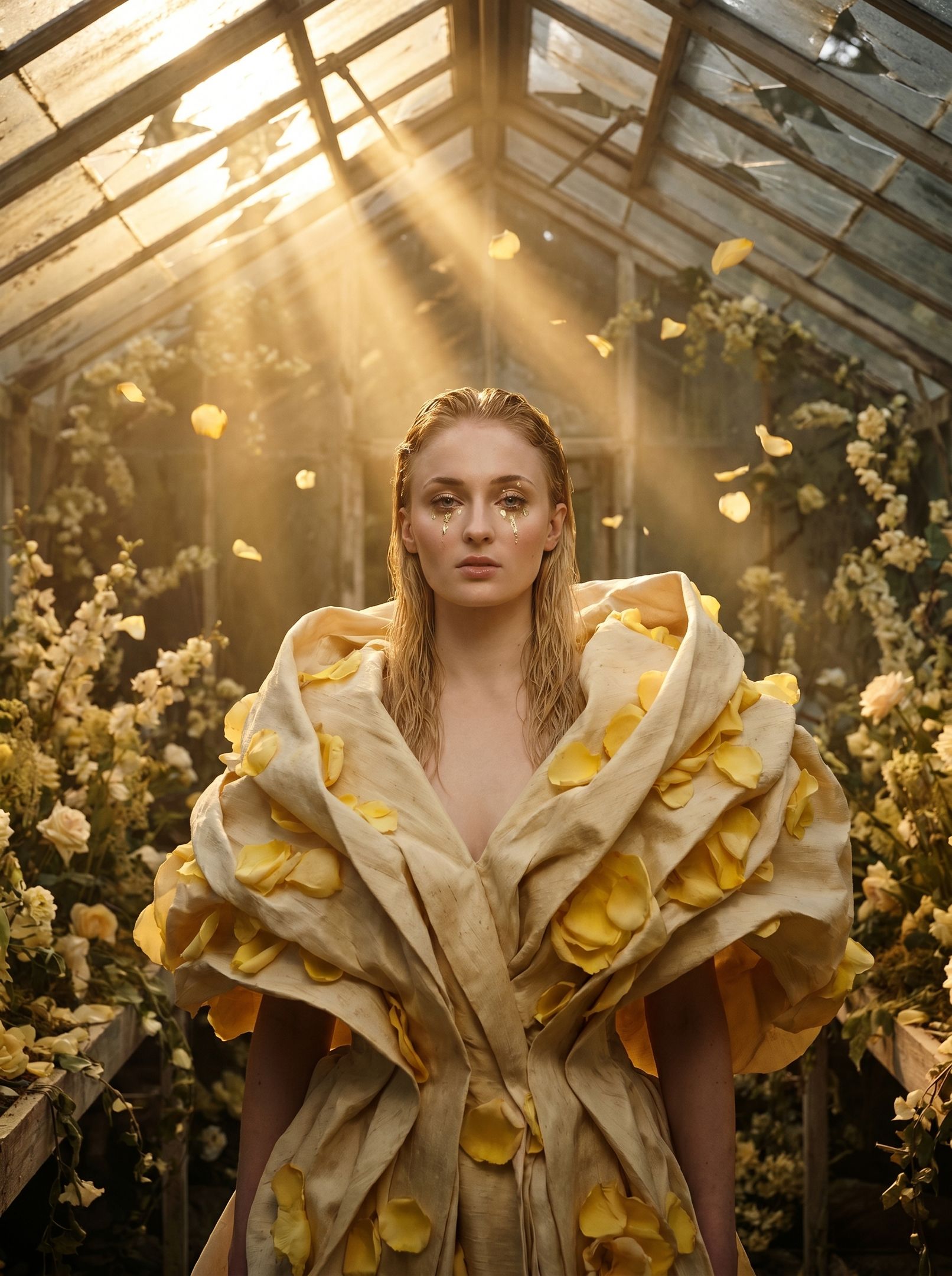 Golden Rose Gown in a Shattered Victorian Glasshouse - Image prompt preview