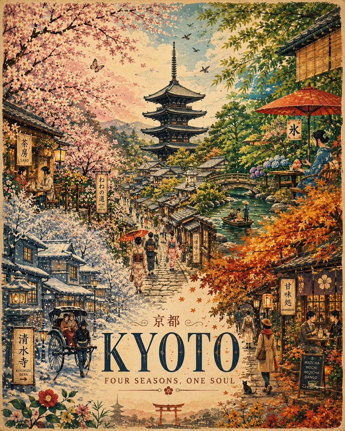 Four Seasons, One Soul: Vintage Travel Poster - Image prompt preview