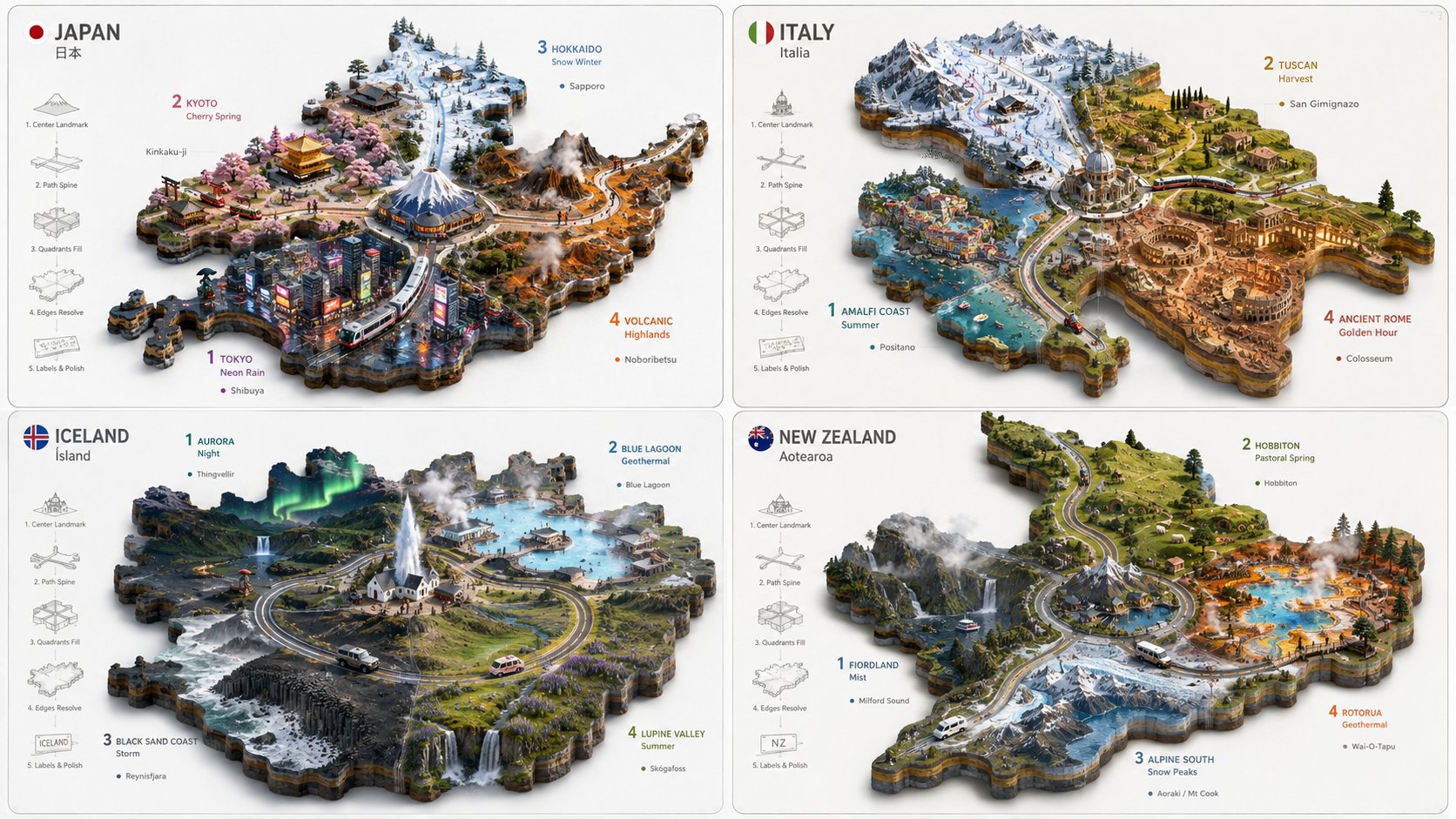 Four-State Isometric Journey Diorama Grid - Image prompt preview